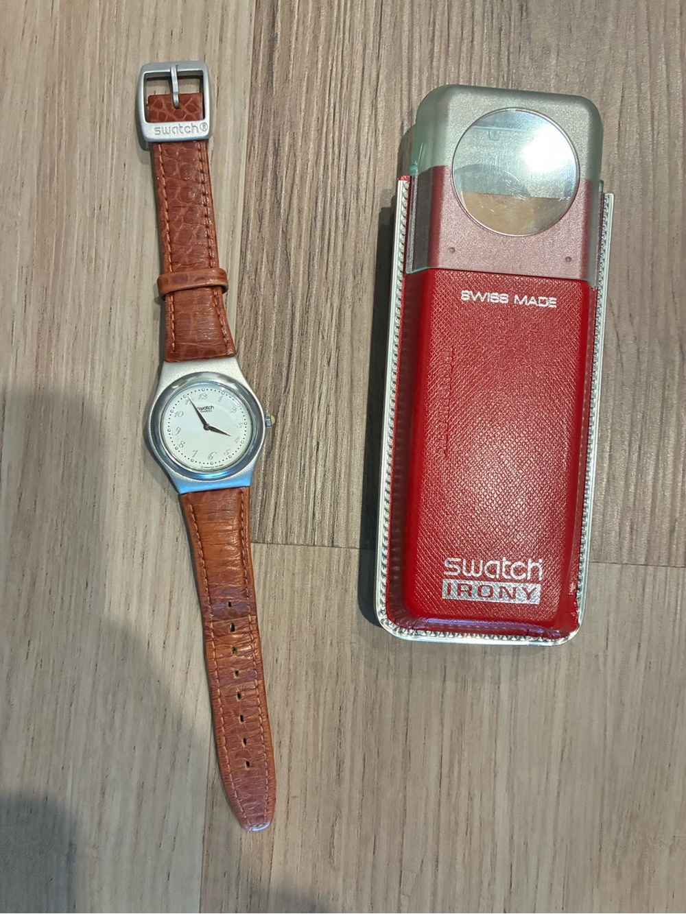 Womenβs Swatch Brown Leather Strap Watch